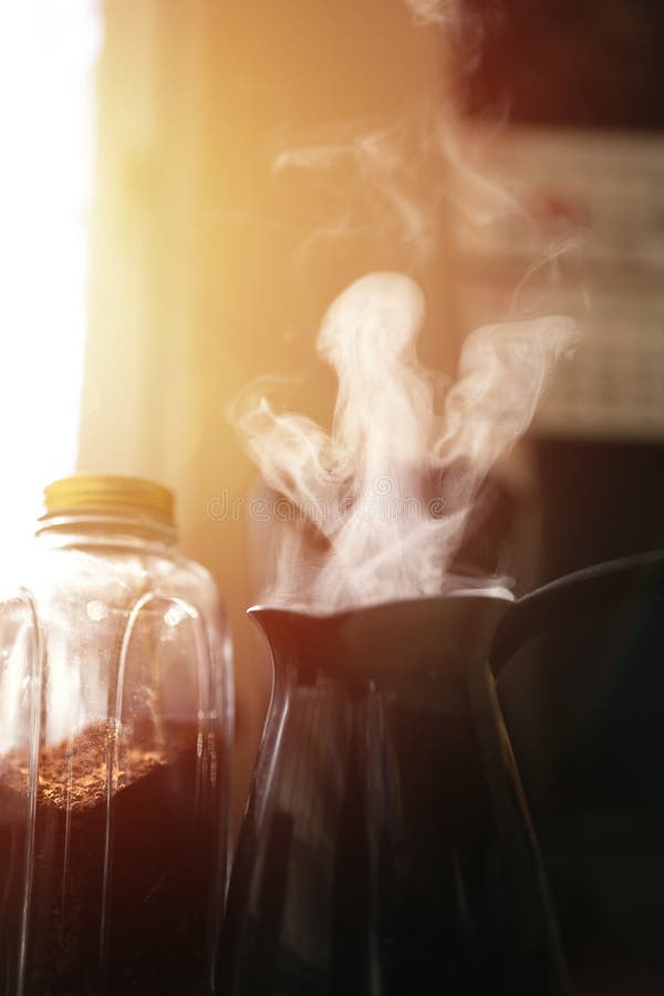 Coffee pot and steam stock photo. Image of kitchen, brown 139954526