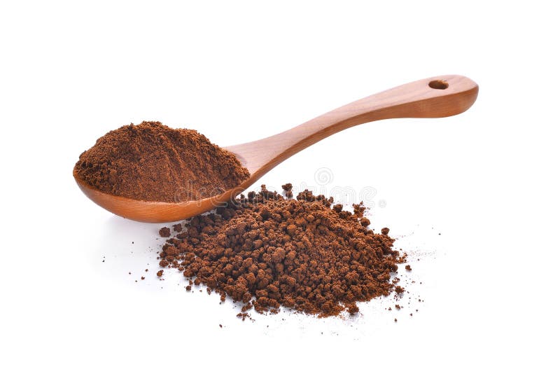 Coffee Powder in Wooden Spoon Isolated on White Background Stock Photo