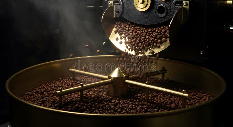 A dramatic close-up of an industrial coffee roaster in action. Hot, freshly roasted coffee beans cascade from a chute into a large, spinning brass cooling tray. Aromatic steam rises from the rich, dark brown beans, signifying their freshness. This image captures the artisanal process of coffee production, ideal for illustrating the coffee industry, specialty cafes, food blogs, or manufacturing concepts with its dynamic motion and warm, inviting tones against a dark, moody background. Large agitator illustrations