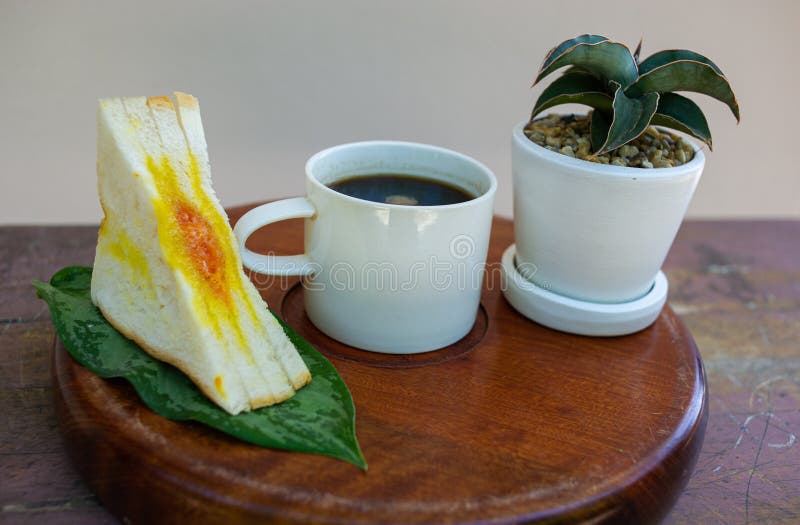 Coffee and Sandwiches for Breakfast on the Pool in Resort Stock Image