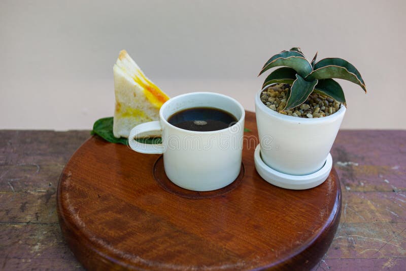 Coffee and Sandwiches for Breakfast on the Pool in Resort Stock Image