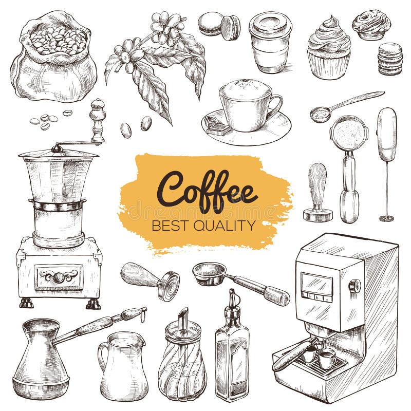 https://thumbs.dreamstime.com/b/coffee-set-hand-drawn-elements-vintage-sketch-vector-illustration-cafe-design-mill-syrup-creamer-milk-blender-98520001.jpg