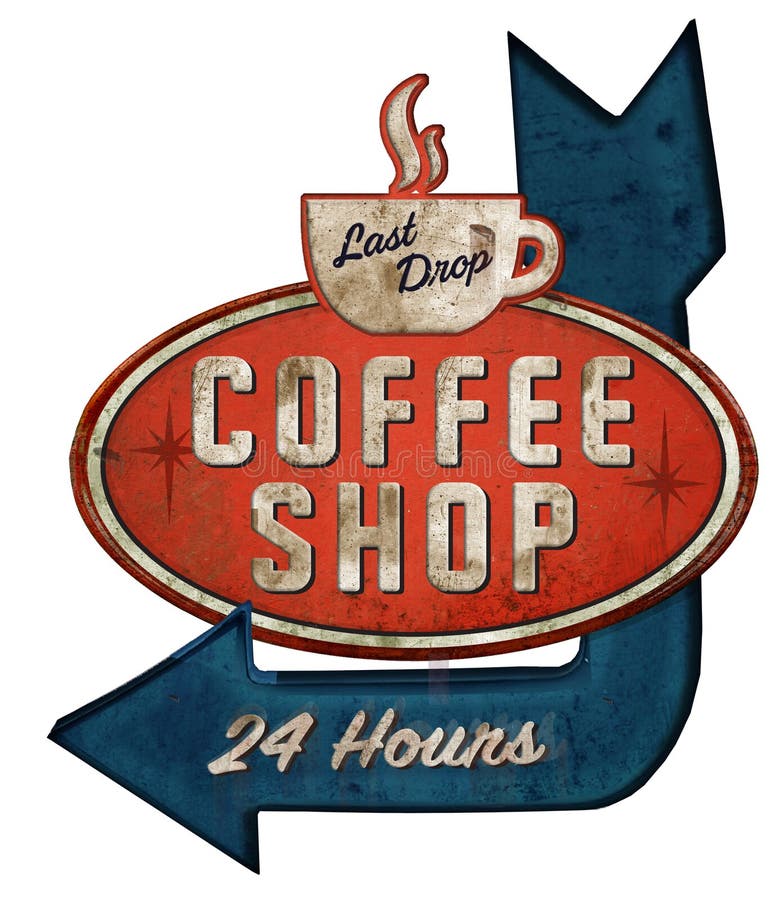Coffee shop Tin Sign med pilen royaltyfri illustrationer