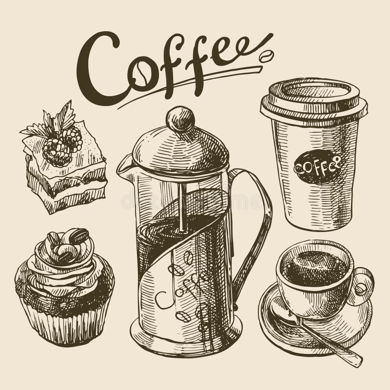 Coffee sketch illustration stock vector. Illustration of decoration
