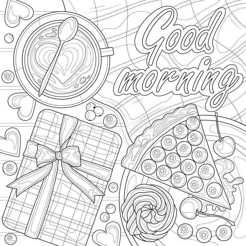 Coffee with a slice of cake. Breakfast and gift.Coloring book antistress for children and adults.