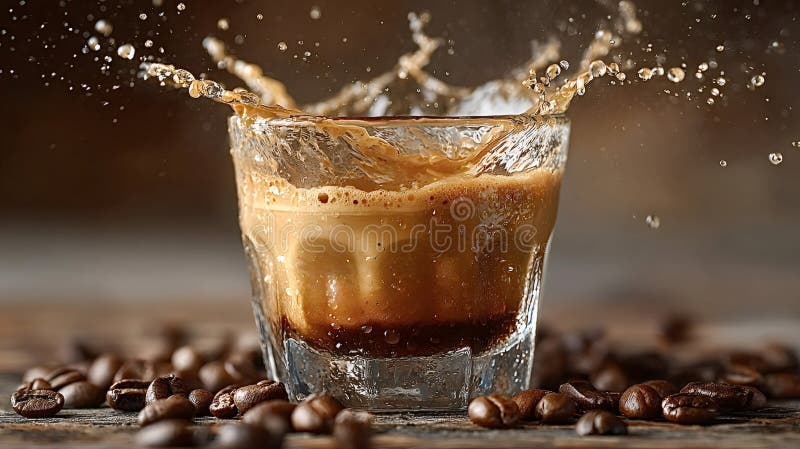 Coffee splashing in glass with coffee beans on wooden table royalty free stock photography
