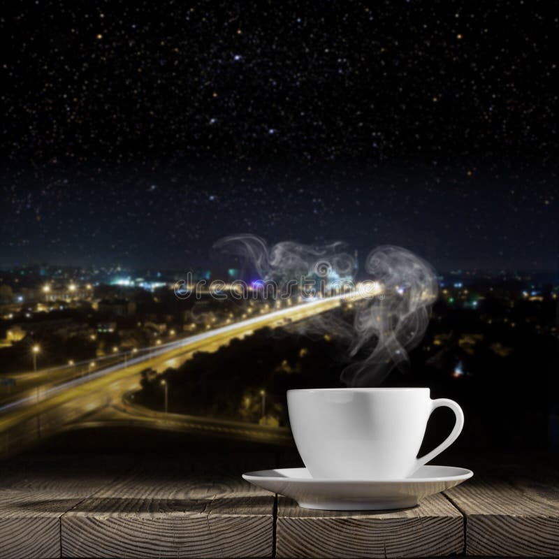 Coffee on the Table on a Night City Background Stock Photo Image of