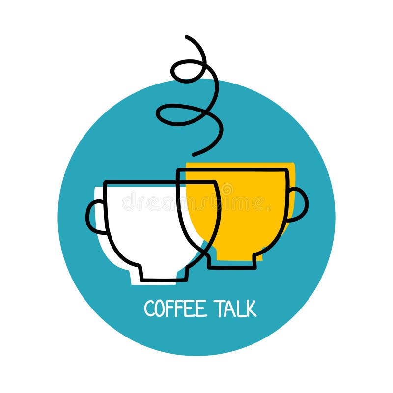 Coffee talk logo. Business meeting icon. Conversation over cup of tea symbol. Two mugs of coffee and steam. Vector illustration