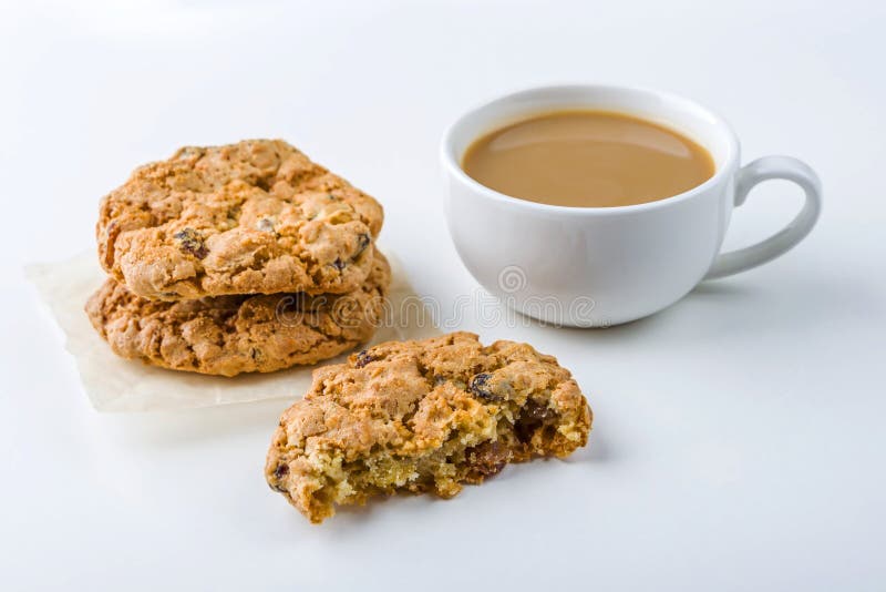 Coffee or Tea with Milk and Oat Cookies. Coffee Time Snack in Cafe