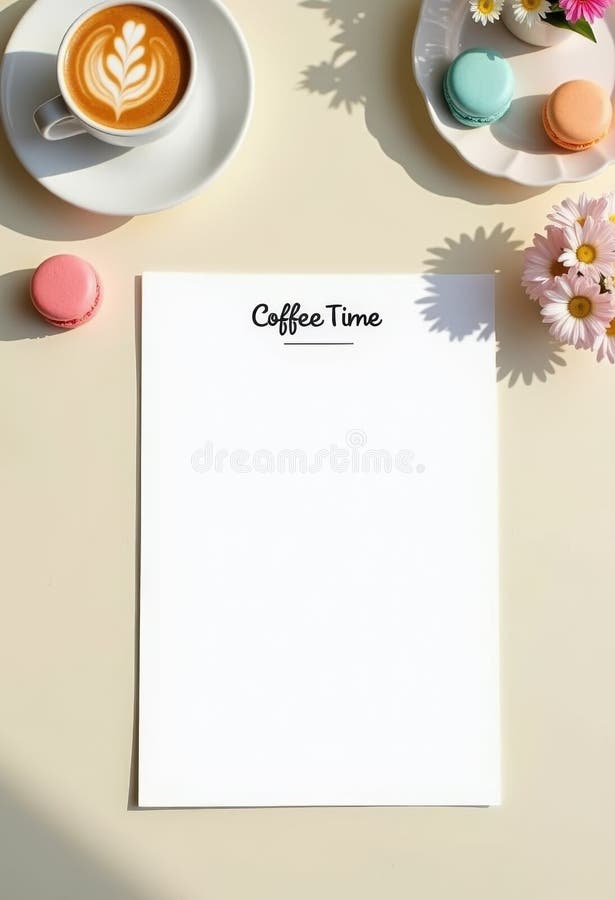 Coffee time with latte art and macarons for creative writing or menu