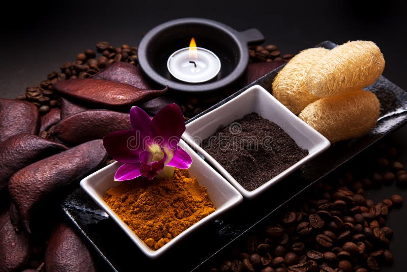 Coffee and Turmeric Scrub stock image. Image of luffa 32865445