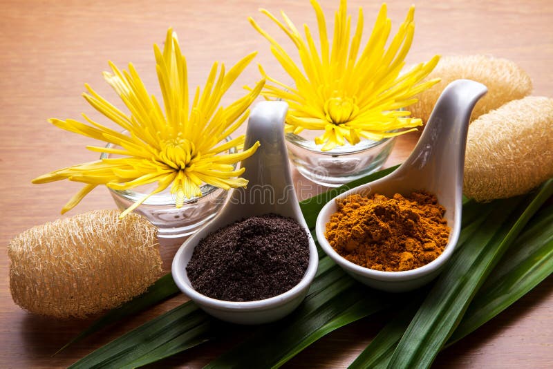 Coffee and Turmeric Scrub stock image. Image of towel 32866113