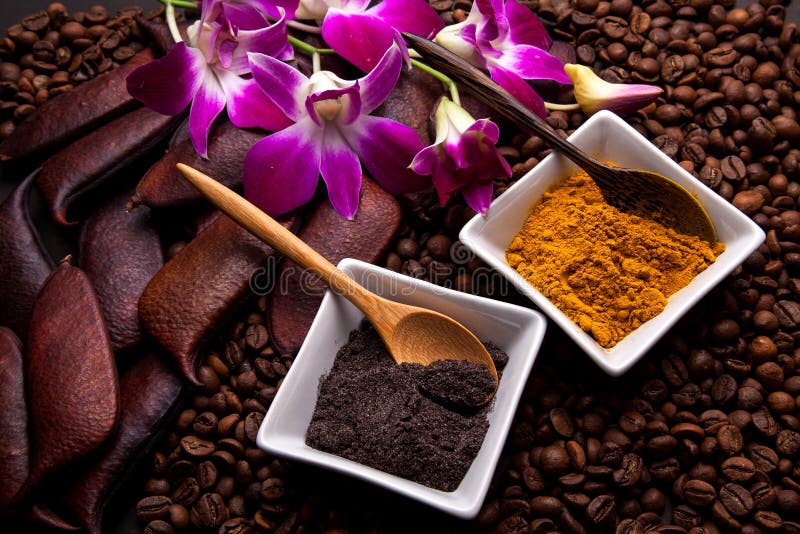 Coffee and Turmeric Scrub stock image. Image of towel 32866113