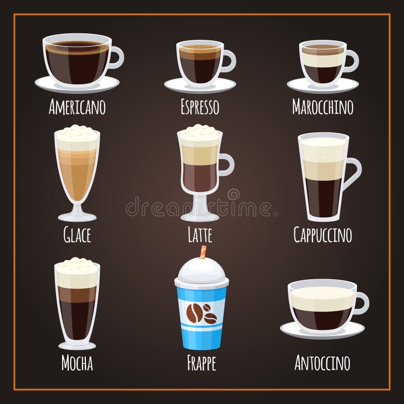 set of coffee cups, espresso glass, coffee latte, cappuccino, mocha,  americano,caramel macchiato,vector design. Stock Vector