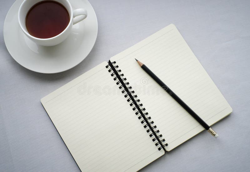 Coffee In White Cup With Journal Book And Pencil Stock Image Image of