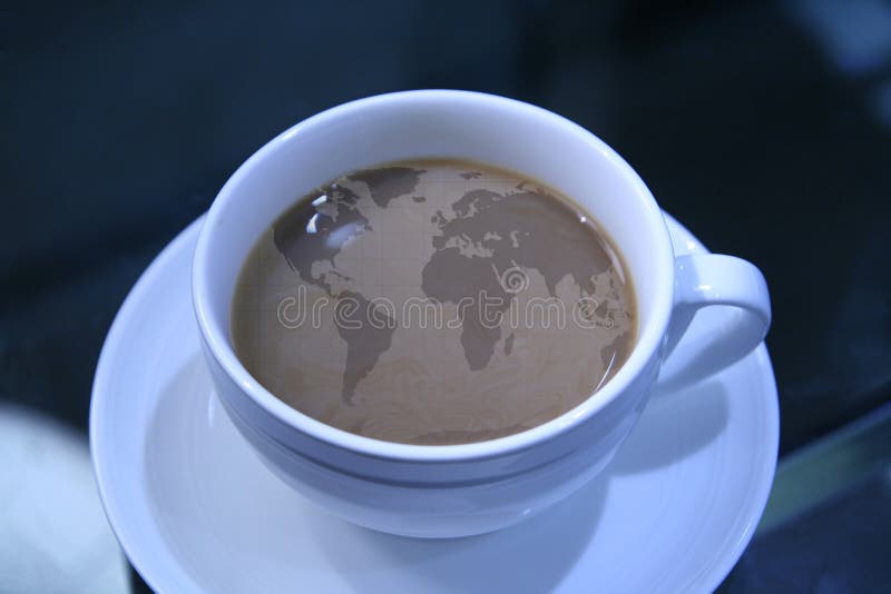 A cup of coffee with world map within it, global business concept