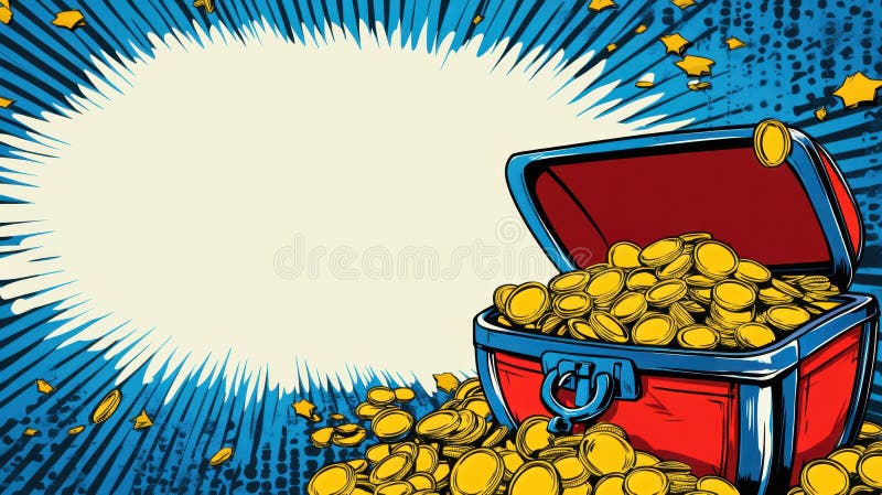 Cofre del tesoro de estilo cómico vintage con monedas de oro reventadas. generado por ai
