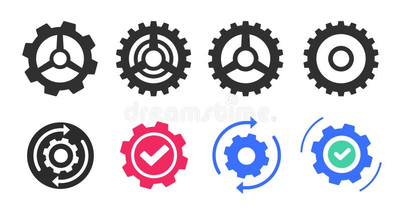 Cog wheel gear as system upgrade icon simple vector graphic set, updated settings cogwheel check mark, industry technology vector illustration