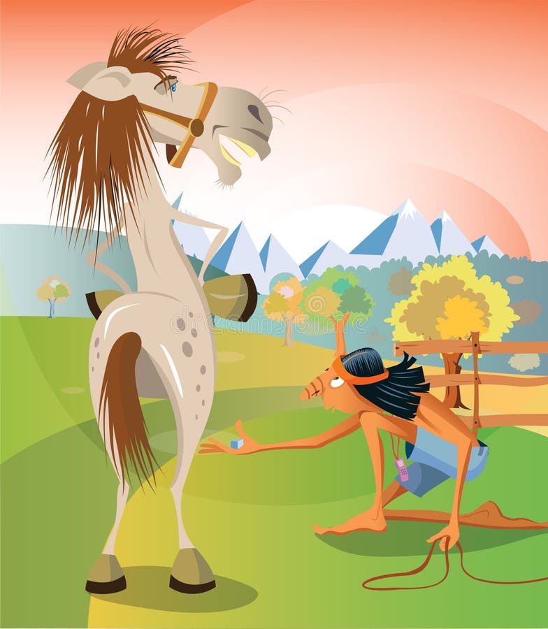 Illustration of a young native american boy trying to catch a horse with a sugar in his hand. Dusk behind the mountains. Illustration of a young native american boy trying to catch a horse with a sugar in his hand. Dusk behind the mountains.