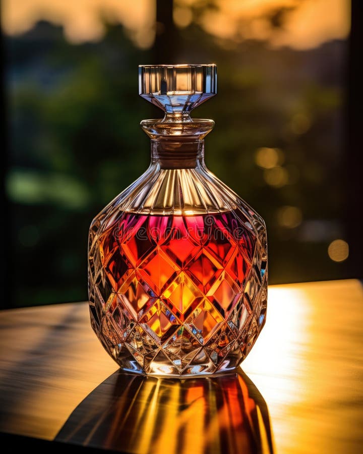 Cognac in a Crystal Decanter in Backlight. the Rays of the Sun are