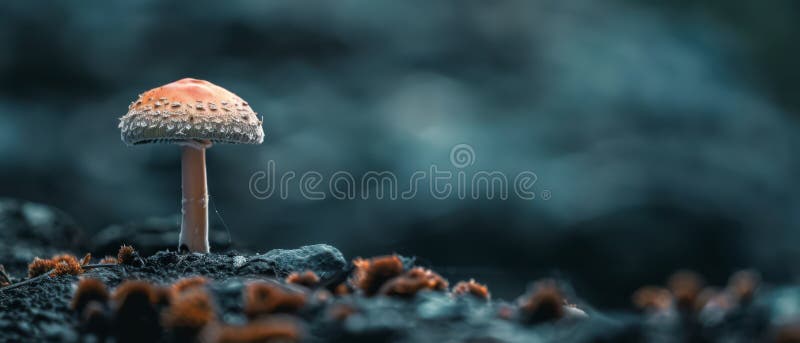 Cogumelo solteiro crescendo em uma floresta escura fotografia de stock royalty free