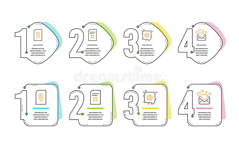 Cogwheel, Attachment and Delete file icons set. Love mail sign. Engineering, Attach document, Remove document. Vector royalty free illustration Cogwheel, Attachment and Delete file icons set. Love mail sign. Engineering, Attach document, Remove document. Vector royalty free illustration