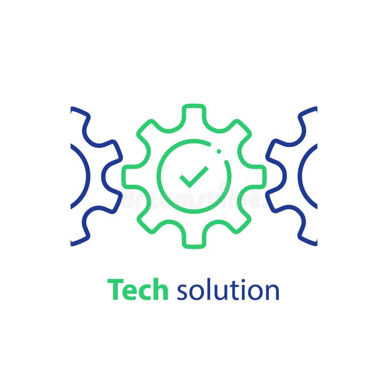 Cogwheel and check mark, integration concept, technology solution, system compliance, business automation, software development vector illustration