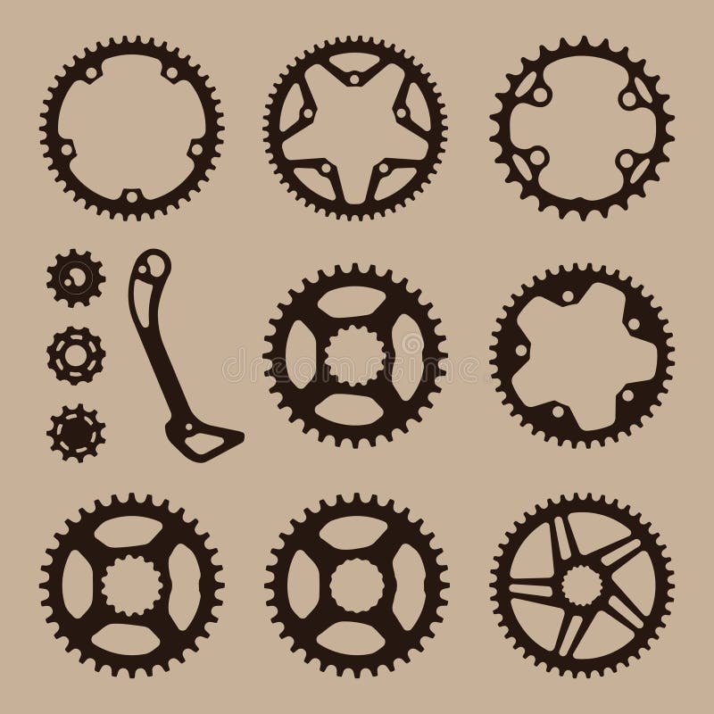 Black flat cogwheel in color background. Set sport bicycle elements. Black flat cogwheel in color background. Set sport bicycle elements.