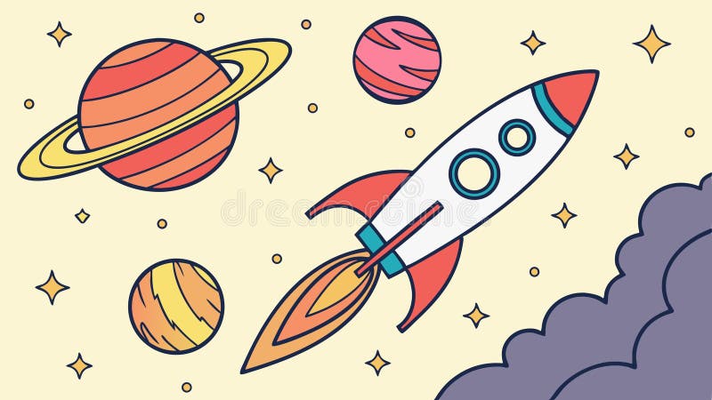 Cohetes de caricatura y planetas en el espacio. Exploración de niños divertidos. diseño vectorial IA generativa ilustración del vector