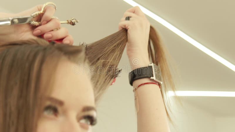 Coiffeur de femme peignant des cheveux de mèche avec la brosse à cheveux pendant la coupe dans le salon de beauté Fermez-vous ver clips vidéos