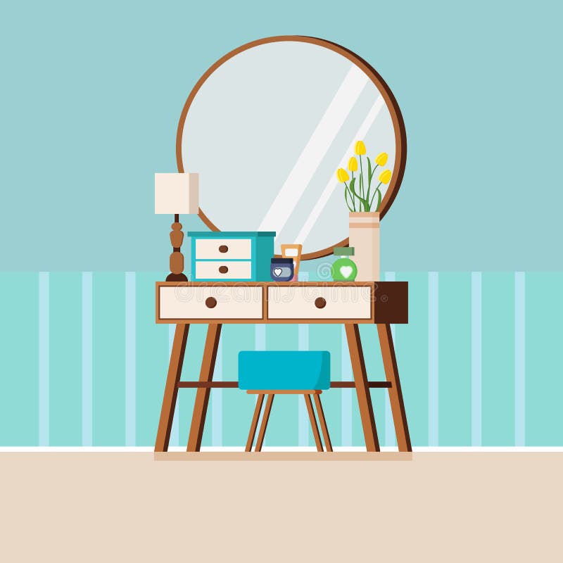 Coiffeuse en bois de femme de cru avec le miroir, la chaise, la lampe, le vase, la boîte et les cosmétiques illustration libre de droits Coiffeuse en bois de femme de cru avec le miroir, la chaise, la lampe, le vase, la boîte et les cosmétiques illustration libre de droits