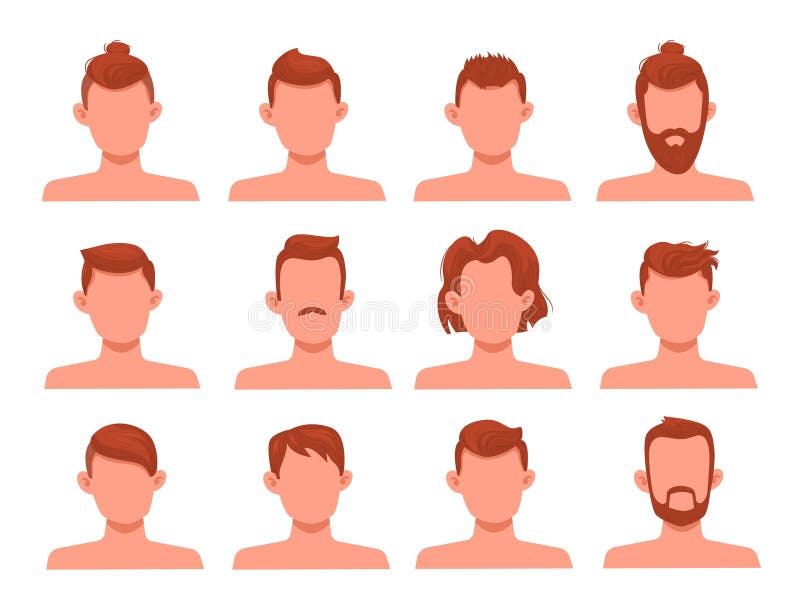 Men hairstyles. Different modern male haircuts, hipster and classic trendy style, short and long, brown mustaches and beards on mannequins, professional hairstyle in barbershop, vector isolated set. Men hairstyles. Different modern male haircuts, hipster and classic trendy style, short and long, brown mustaches and beards on mannequins, professional hairstyle in barbershop, vector isolated set