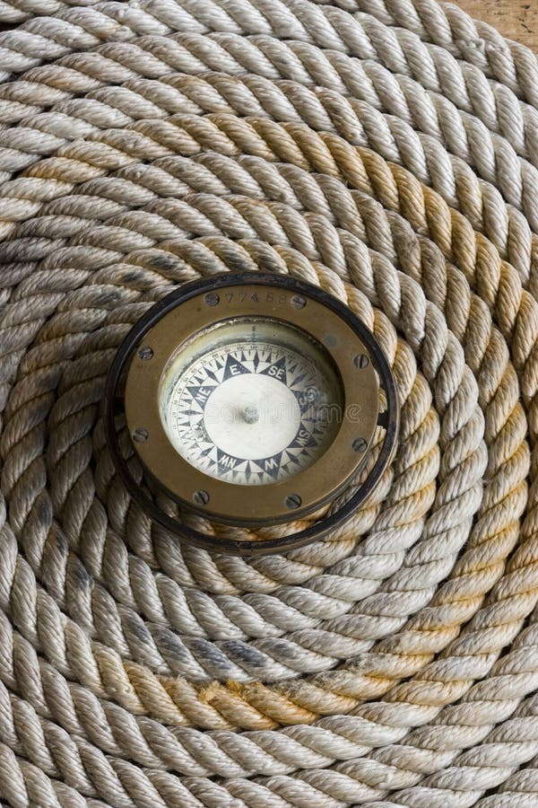 Coiled Marine Anchor Line with Antique Compass Stock Image Image of