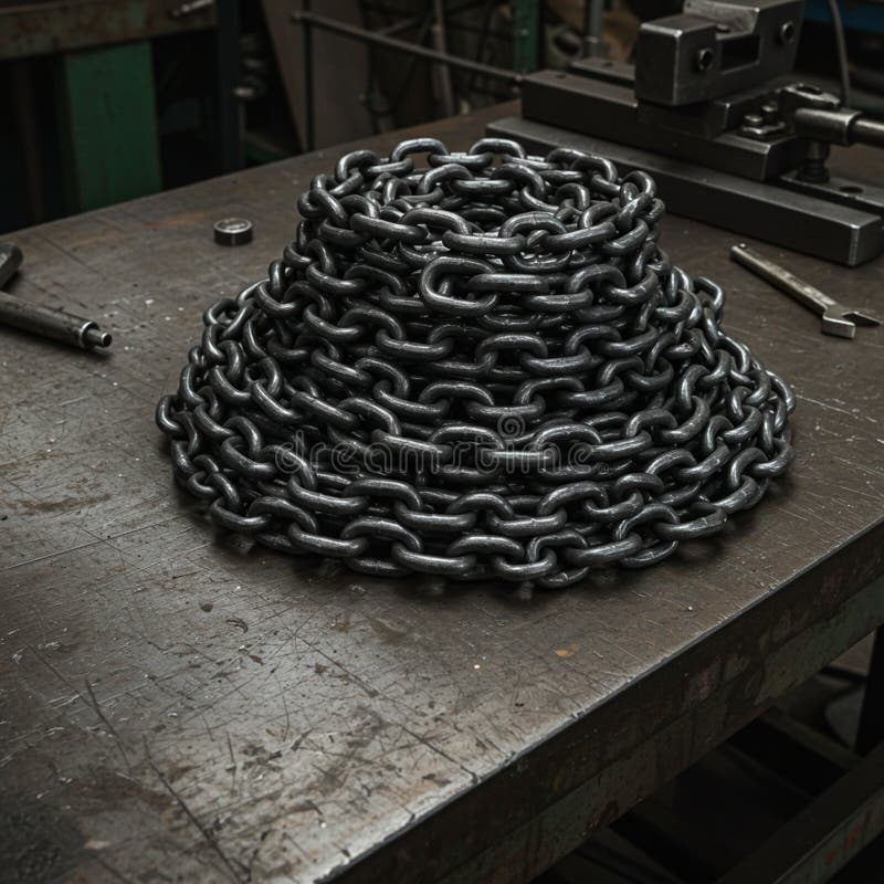 A coiled steel chain is piled on a dark, industrial workbench. The chain forms a conical stock illustration