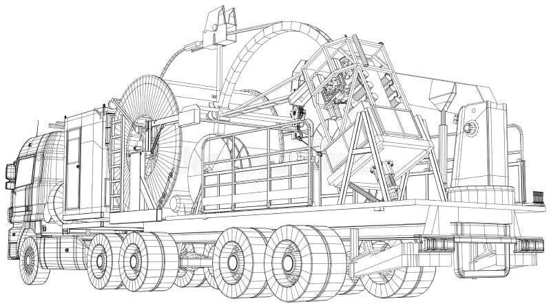 Coiled tubing machine technical wire-frame. EPS10 format. Vector created of 3d royalty free illustration