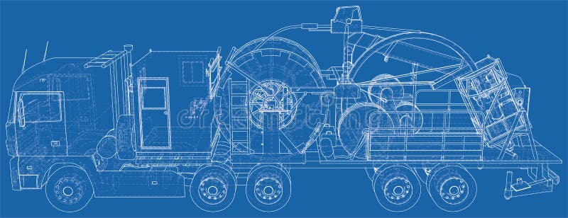 Coiled tubing machine technical wire-frame. EPS10 format. Vector created of 3d vector illustration