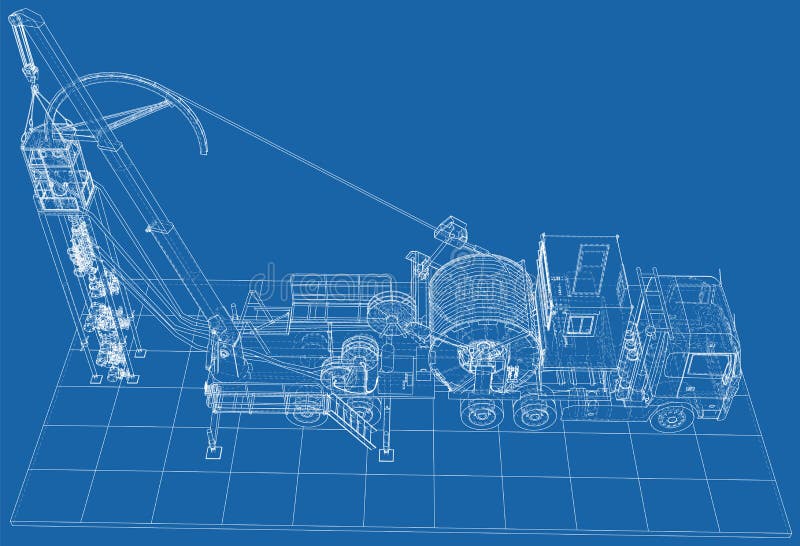 Coiled tubing Truck unit machine. The layers of visible and invisible lines are separated. EPS10 format. Wire-frame royalty free illustration