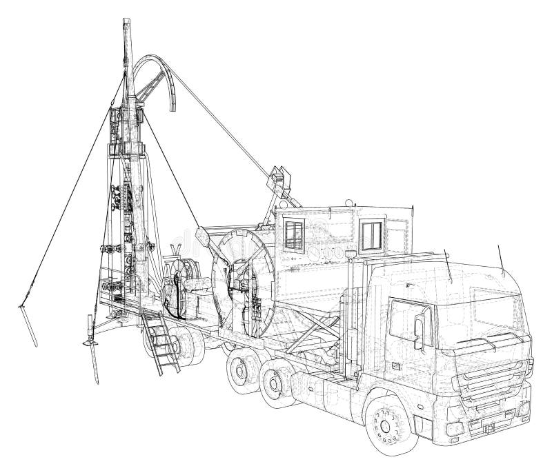 Coiled tubing unit machine. The layers of visible and invisible lines are separated. EPS10 format. Wire-frame stock illustration