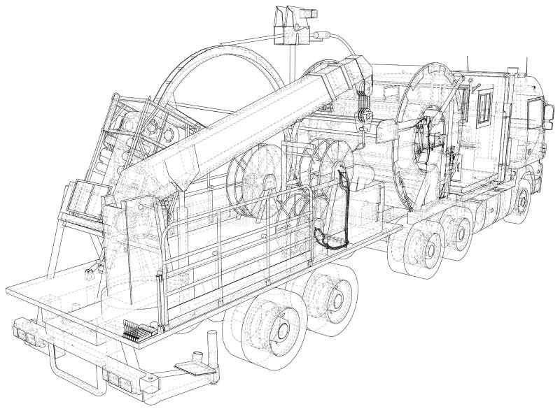 Coiled tubing unit machine. The layers of visible and invisible lines are separated. EPS10 format. Wire-frame vector illustration