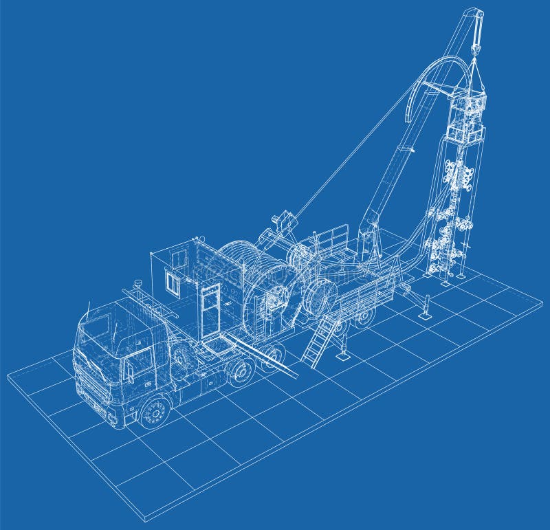 Coiled tubing unit machine. The layers of visible and invisible lines are separated. EPS10 format. Wire-frame vector illustration