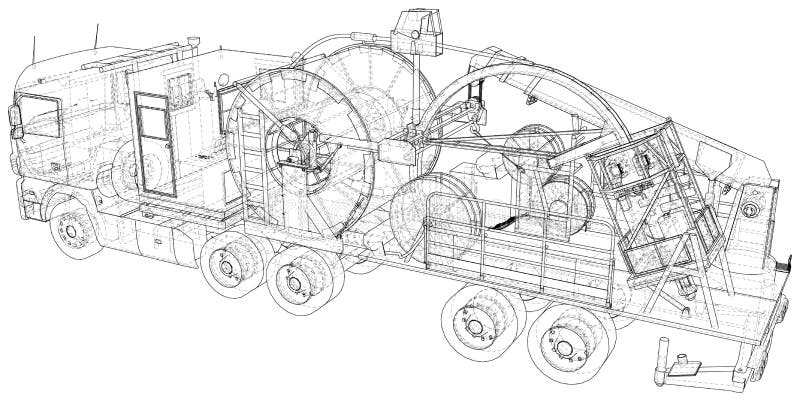Coiled tubing unit machine. The layers of visible and invisible lines are separated. EPS10 format. Wire-frame royalty free illustration