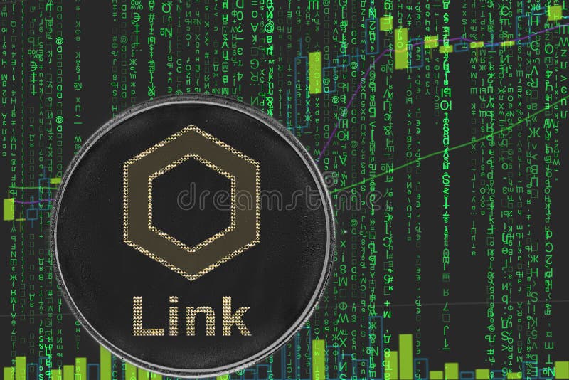 Token chainlink link  cryptocurrency on the green matrix background of binary crypto price chart. Token chainlink link  cryptocurrency on the green matrix background of binary crypto price chart.