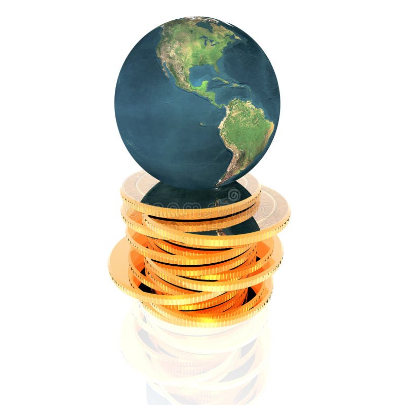 Coins with 3D globe isolated on a white