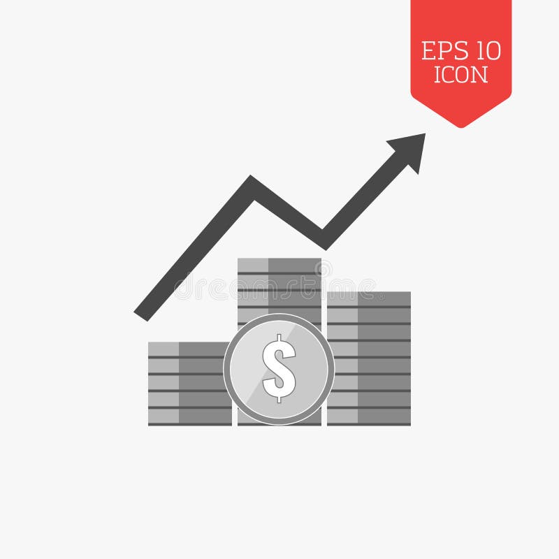 Coins with arrow icon. Income growth concept. Flat design gray stock illustration Coins with arrow icon. Income growth concept. Flat design gray stock illustration