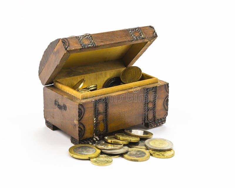 Coins in the box stock image. Image of gold, open, brown 34611991