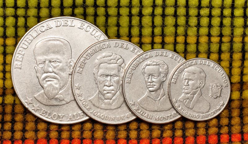Coins of republic Ecuador on wool background, 50, 25, 5, 10 centavo. Coins of republic Ecuador on wool background, 50, 25, 5, 10 centavo
