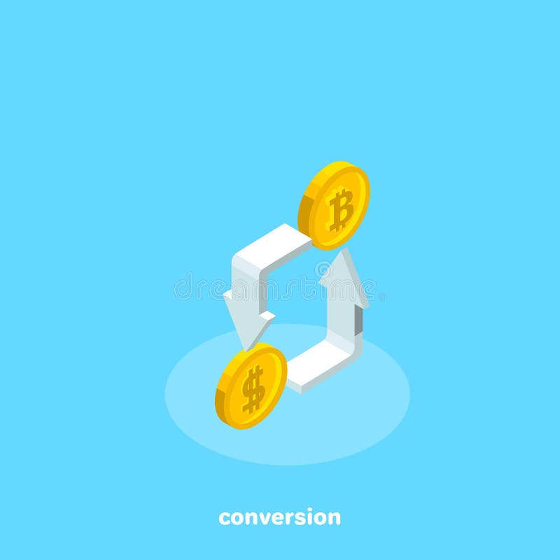 Coins of dollar and bitcoin with arrows, isometric image