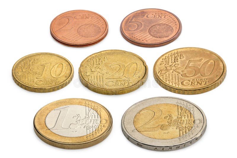 Coins of euros and eurocents isolated on a white background stock photos