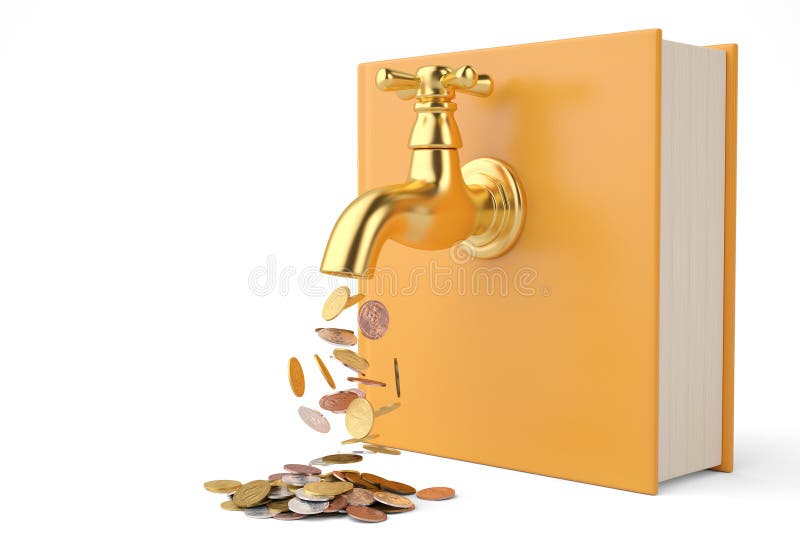 Coins fall from the tap and big book isolated on white background 3d illustration.