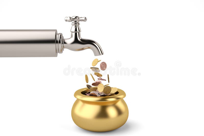 Coins fall from the tap isolated on white background 3d illustration. stock illustration Coins fall from the tap isolated on white background 3d illustration. stock illustration